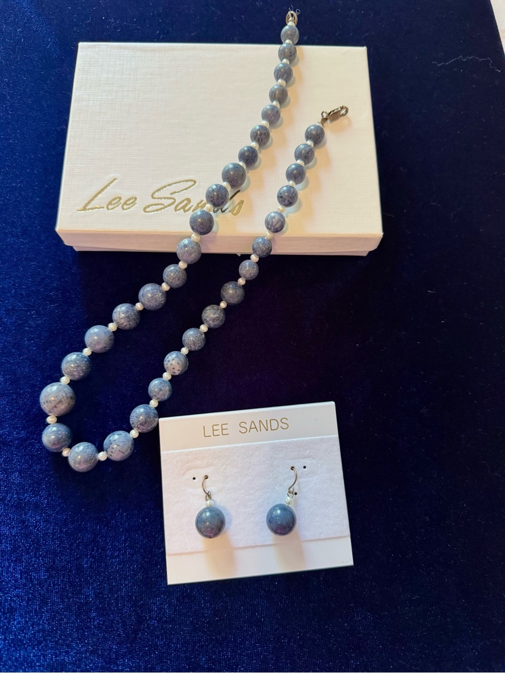 Lee Sands polished blue coral and pearl necklace w/ drop earring set. NWOT